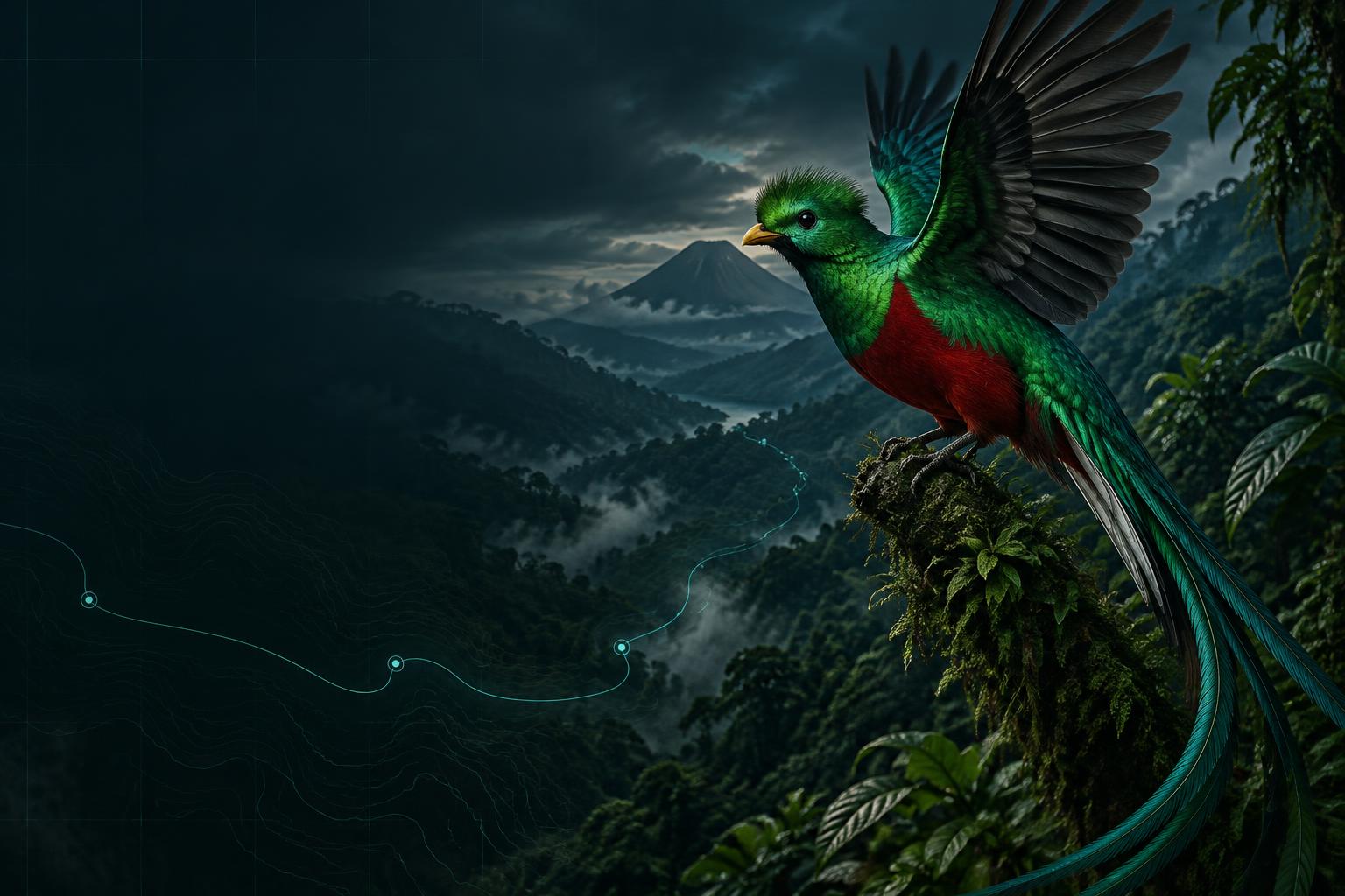 Quetzal realista sobre una ruta GPS en Guatemala